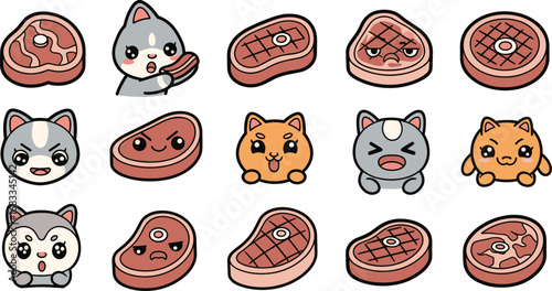 Cartoon set: meat steaks & cat faces with varied expressions and cute kawaii style on cream background