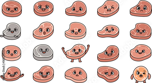 Cartoon meat characters showing various emotions in a grid