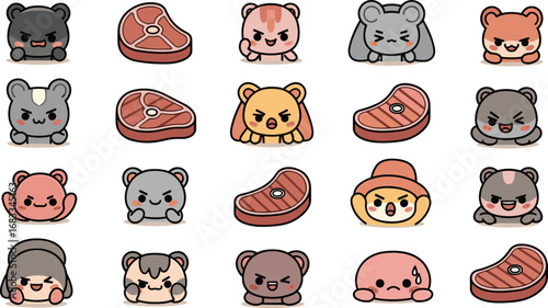 Cute cartoon bear and steak sticker set with angry and happy expressions. Food vector collection.