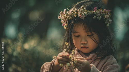 A young girl wearing a floral crown examines delicate flowers in a serene outdoor setting, embodying innocence and a connection to nature, reflecting childhood joy and exploration.