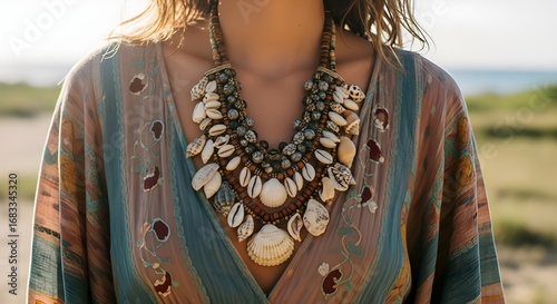 Bohemian statement necklace with seashells and beads for summer fashion jewelry trend