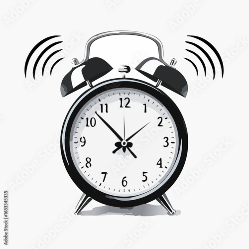Alarm silhouette. This image depicts a black silhouette of an alarm clock with distinct ringing bells, symbolizing time management, urgency, and notifications. Vector clipart illustration design.
