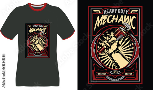 Heavy Duty Mechanic T-Shirt Design with Wrench and Fist Emblem
