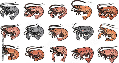 Cartoon shrimps with different expressions, various colors
