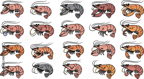 Cartoon shrimps showing various emotions in rows on light background