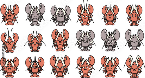 Grid of cartoon lobsters showing various emotions in a simple design.