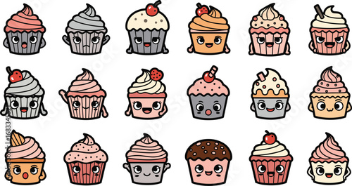 Cartoon cupcakes with cute faces in varied flavors. Vector illustration.