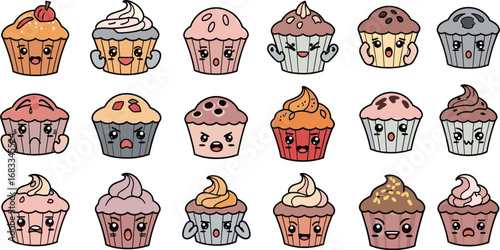 Collection of cupcakes with different toppings and expressions