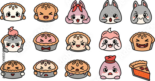 Collection of cute cartoon pie and animal characters with various expressions and poses