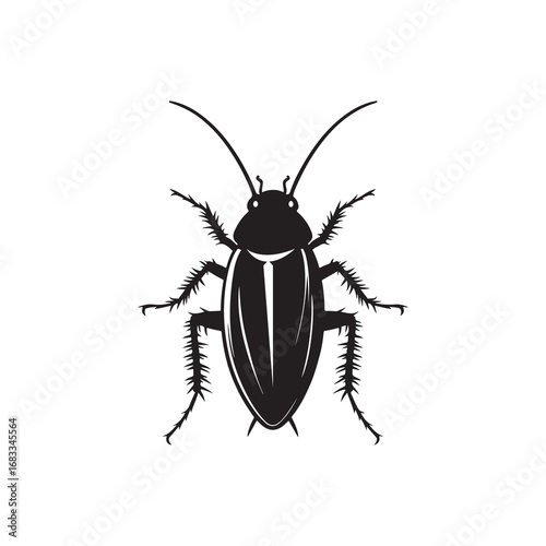 Cockroach Silhouette Vector Illustration, Solid White Background.