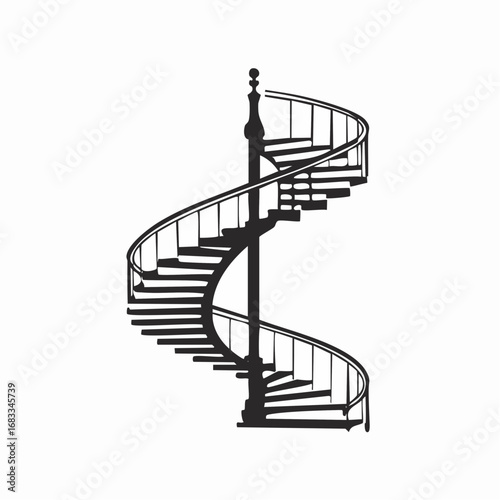 Spiral staircase silhouette. Image shows a black silhouette of a spiral staircase with curved steps and a railing. Vector clipart illustration design.