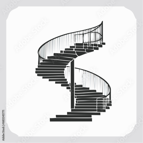 Spiral staircase silhouette. Image shows a black silhouette of a spiral staircase with curved steps and a railing. Vector clipart illustration design.