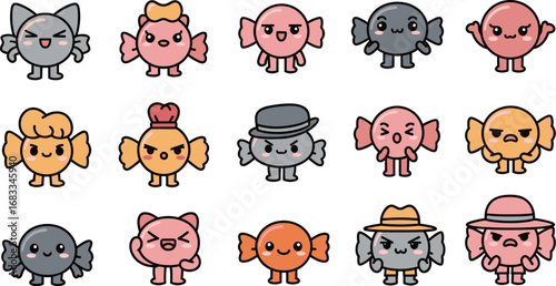 Collection of cute cartoon candy characters with varied expressions and headwear.