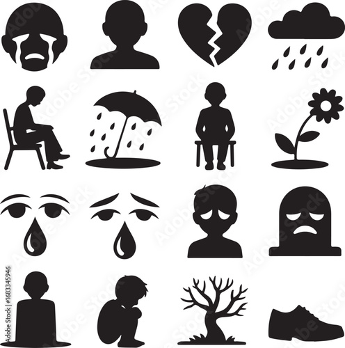 Sadness and Grief Icons Including Crying Faces and Broken Heart Keywords: sadness, grief, crying
