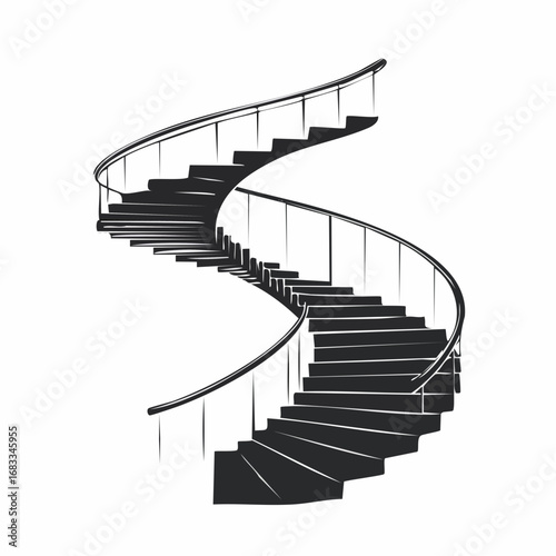 Spiral staircase silhouette. Image shows a black silhouette of a spiral staircase with curved steps and a railing. Vector clipart illustration design.