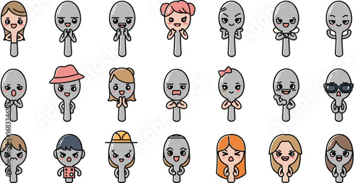 Collection of cute cartoon spoons with varying facial expressions and hairstyles on a cream background.