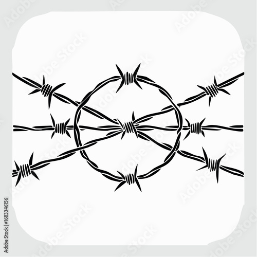 Barbed wire silhouette. This image shows a black and white design of intertwined barbed wire, symbolizing security, restriction, and protective boundaries. Vector clipart illustration design.
