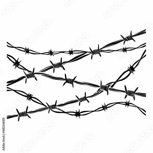 Barbed wire silhouette. This image shows a black and white design of intertwined barbed wire, symbolizing security, restriction, and protective boundaries. Vector clipart illustration design.