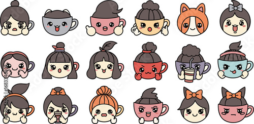 Kawaii teacup girls with diverse expressions, hairstyles, and colors