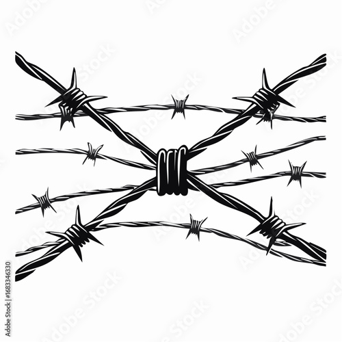 Barbed wire silhouette. This image shows a black and white design of intertwined barbed wire, symbolizing security, restriction, and protective boundaries. Vector clipart illustration design.