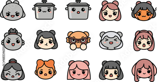 Cartoon faces and pots icons with kawaii expressions illustration