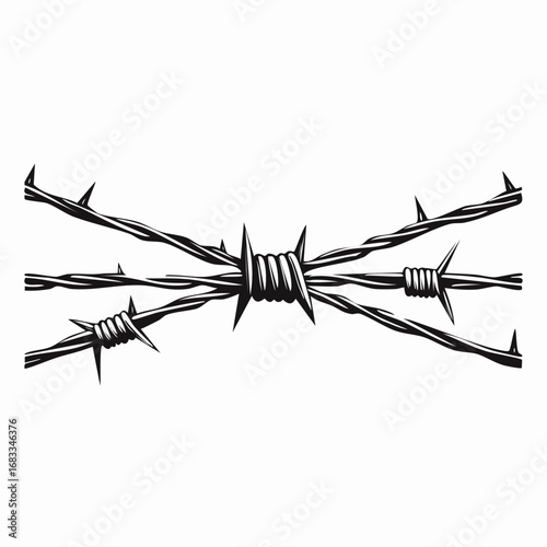 Barbed wire silhouette. This image shows a black and white design of intertwined barbed wire, symbolizing security, restriction, and protective boundaries. Vector clipart illustration design.