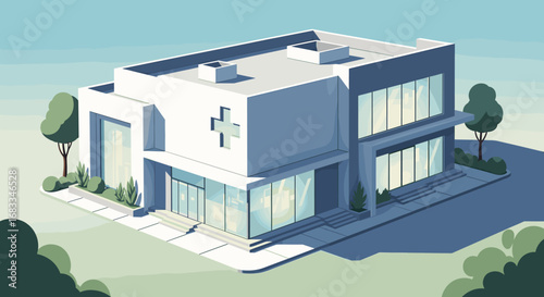 Modern hospital building design with clean architectural lines and minimalist aesthetic, promoting health