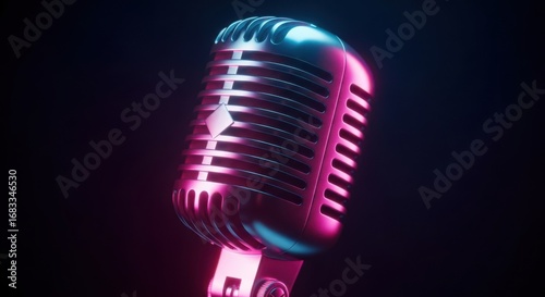 Retro Microphone Illuminated with Vibrant Neon Pink and Blue Light