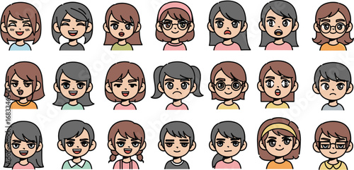 Cartoon faces: Twenty-one diverse characters with varied expressions, hairstyles, and clothing in a simple vector style.