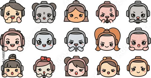 Cartoon characters with headphones expressing various emotions in a flat design style