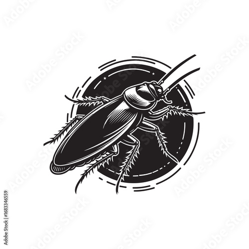 Cockroach Silhouette Vector Illustration, Solid White Background.