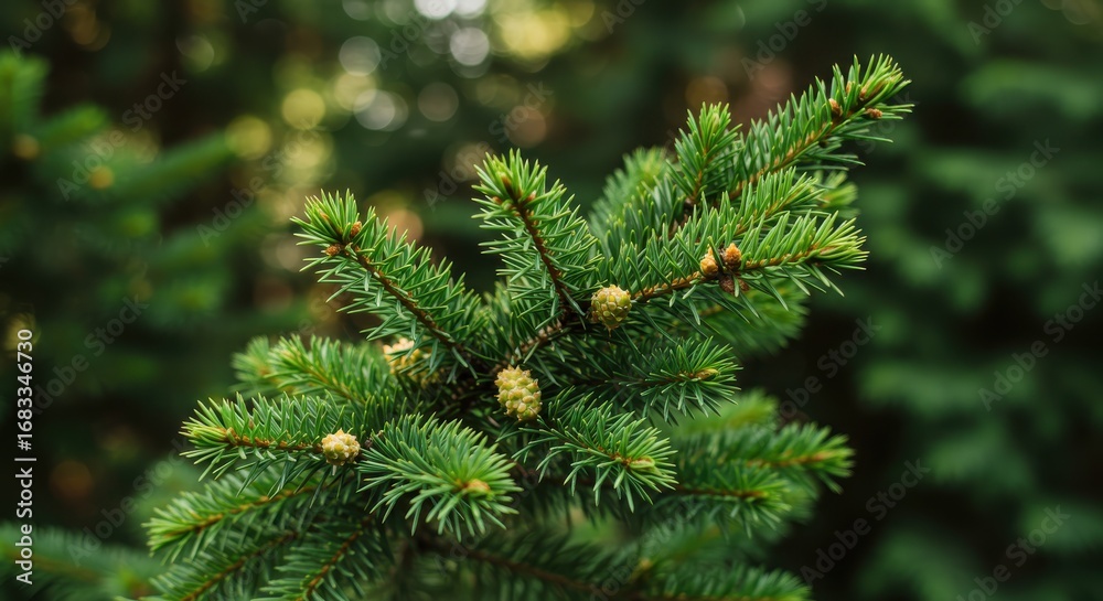 Close-up of vibrant green fir tree branches with delicate buds, showcasing the intricate details of the needles and soft light. Close-up of vibrant green fir tree branches with delicate buds, showcasing the intricate details of the needles and soft light.