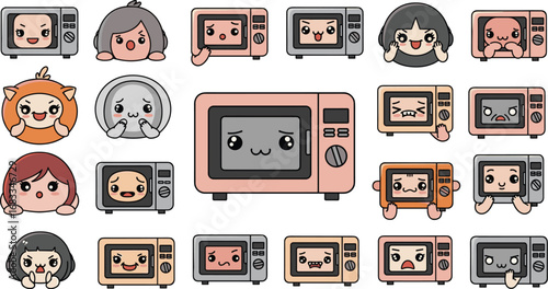 Kawaii microwave collection: Cartoon microwaves display different emotions.