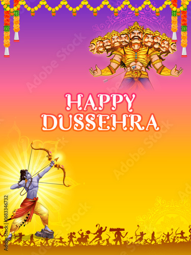 Lord Rama killing Ravana in Dussehra Navratri festival of India poster