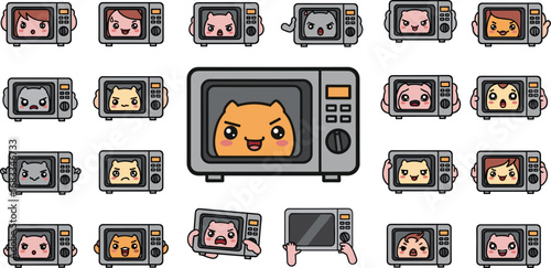 Cartoon microwaves show emotions with faces inside appliance