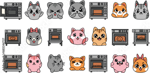 Cartoon cats and ovens arranged in a pattern