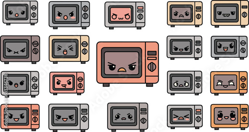 Cartoon microwaves with expressive faces collection in assorted colors