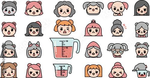 Faces with varied expressions around liquid measuring cups cartoon vector set