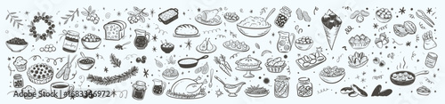 A Festive Collection of Hand-Drawn Illustrations Featuring Various Delicious Dishes, Desserts, and Ingredients for a Memorable Celebration