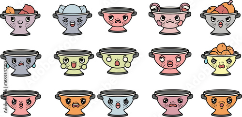 Cartoon colanders show emotions, expressions with fruit and vegetables