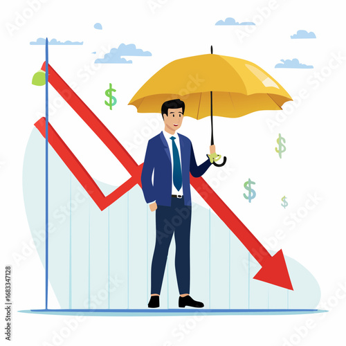 Businessman protected from falling financial graph.