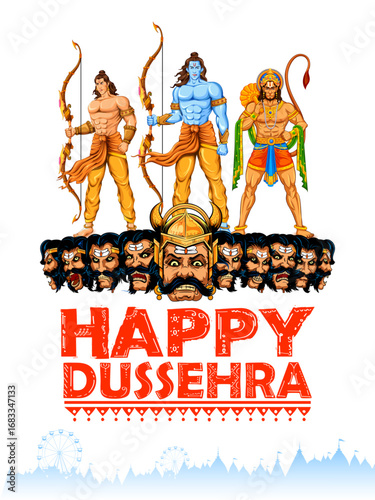 Lord Rama, Laxman and Hanuman and Ravana in Dussehra Navratri festival of India poster