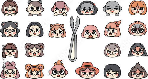 Cartoon faces with expressions, plus kitchen tongs illustration