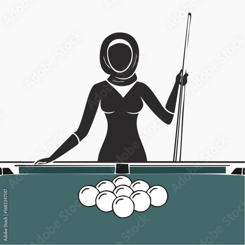 Billiards silhouette. This image shows a silhouette of a billiards player aiming with a cue stick at a billiard ball on a table. Vector clipart illustration design.