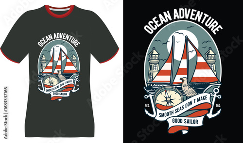 Ocean Adventure T-Shirt Design: Sailboat, Lighthouses, Compass, Seagull, and Nautical Quote