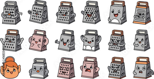 Cartoon graters with faces express various moods in a quirky collection