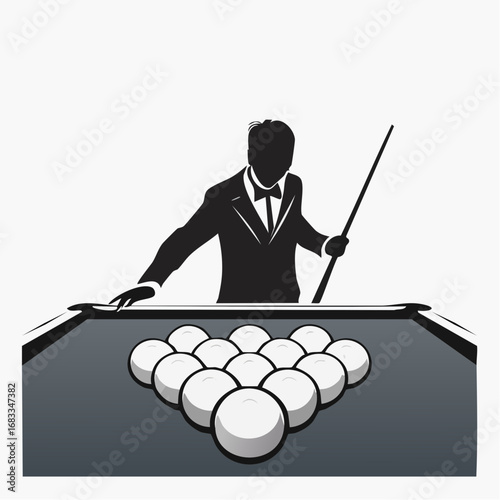 Billiards silhouette. This image shows a silhouette of a billiards player aiming with a cue stick at a billiard ball on a table. Vector clipart illustration design.