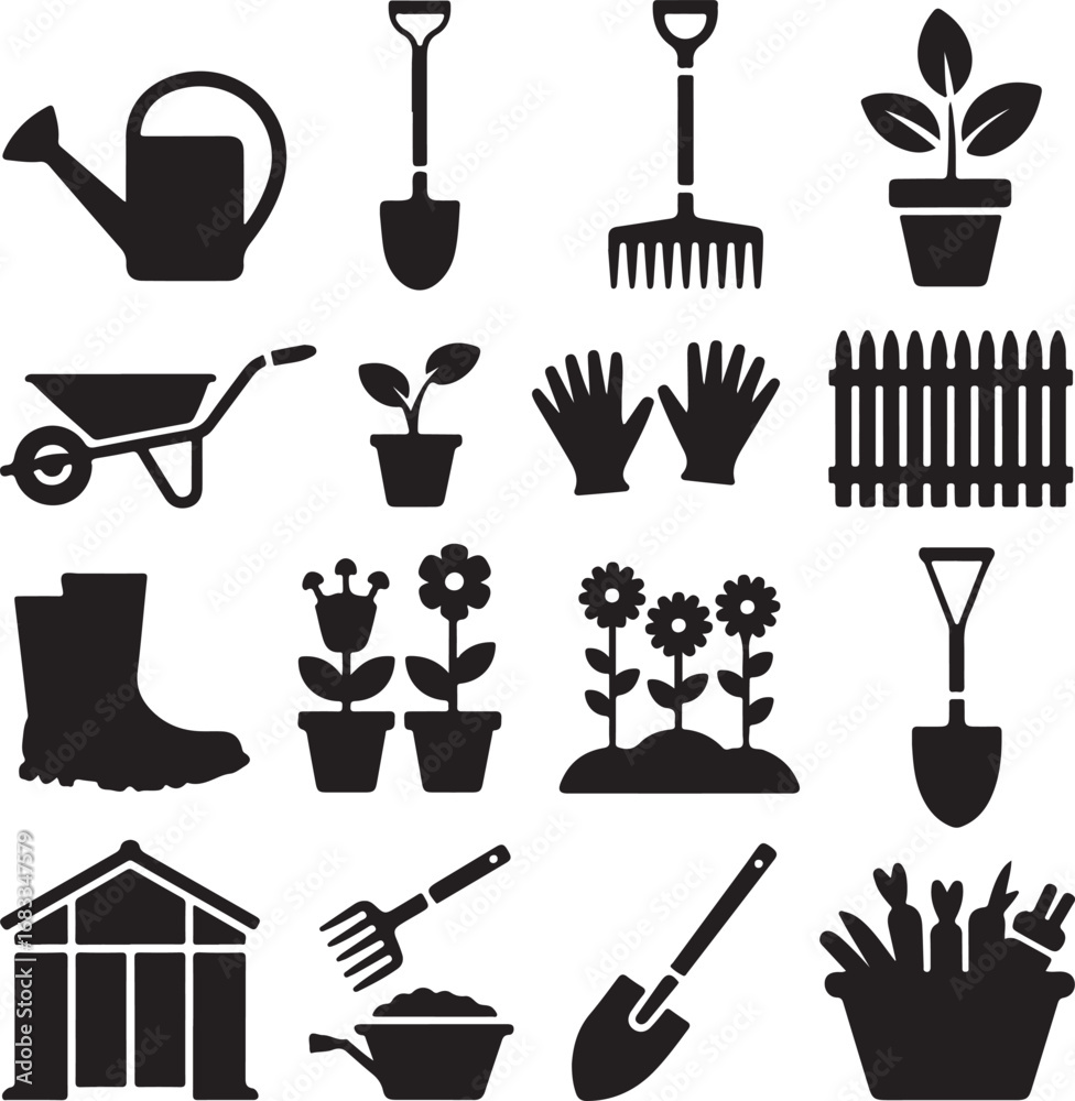 Fototapeta premium Assortment of sixteen black and white gardening tools and plants icons watering can shovel