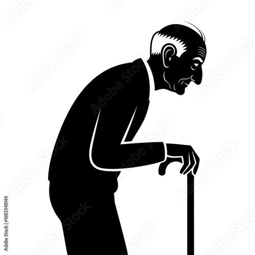 Silhouette of an elderly man leaning on a cane.