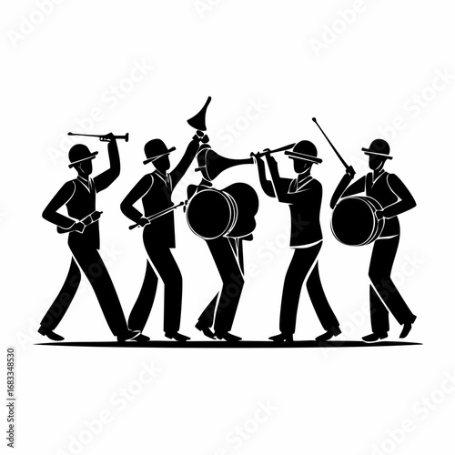 Marching band silhouette. A group of musicians in a marching band, each playing different instruments like drums, brass, and woodwinds, depicted in black silhouettes. clipart illustration design.